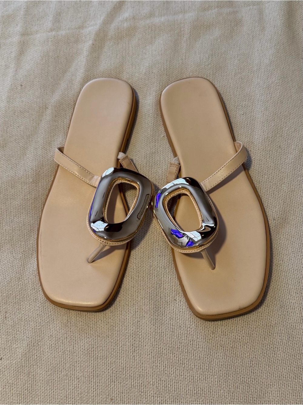 Women's Beige Gold Accent Thong Sandals